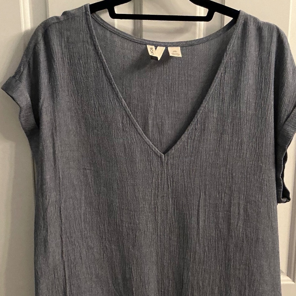Roxy women’s denim cropped neck blouse tie waist size M